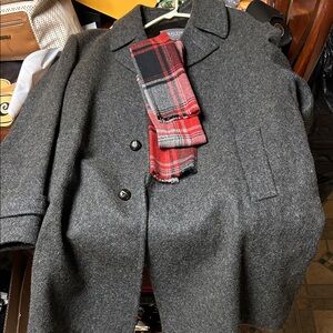 Vintage Oakton Ltd. Charcoal men’s  wool Pea Coat with Red Plaid Scarf